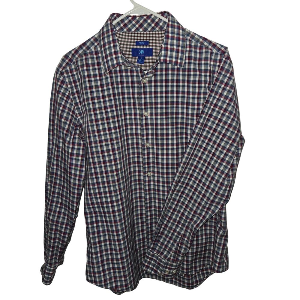 Egara Size Large Men's Non-Iron Red Blue Slim Button Down Shirt
